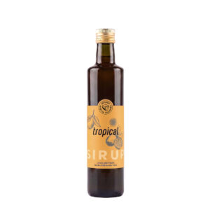 Flasche Trummerfrucht Mehrfruchtsirup Tropical 500 ml mit orangefarbenem Etikett und Logo